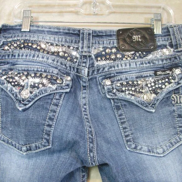MISS ME Women's Denim Crystals Rhinestone Low Rise Cuffed Capri Blue Jeans 32 - Picture 4 of 9